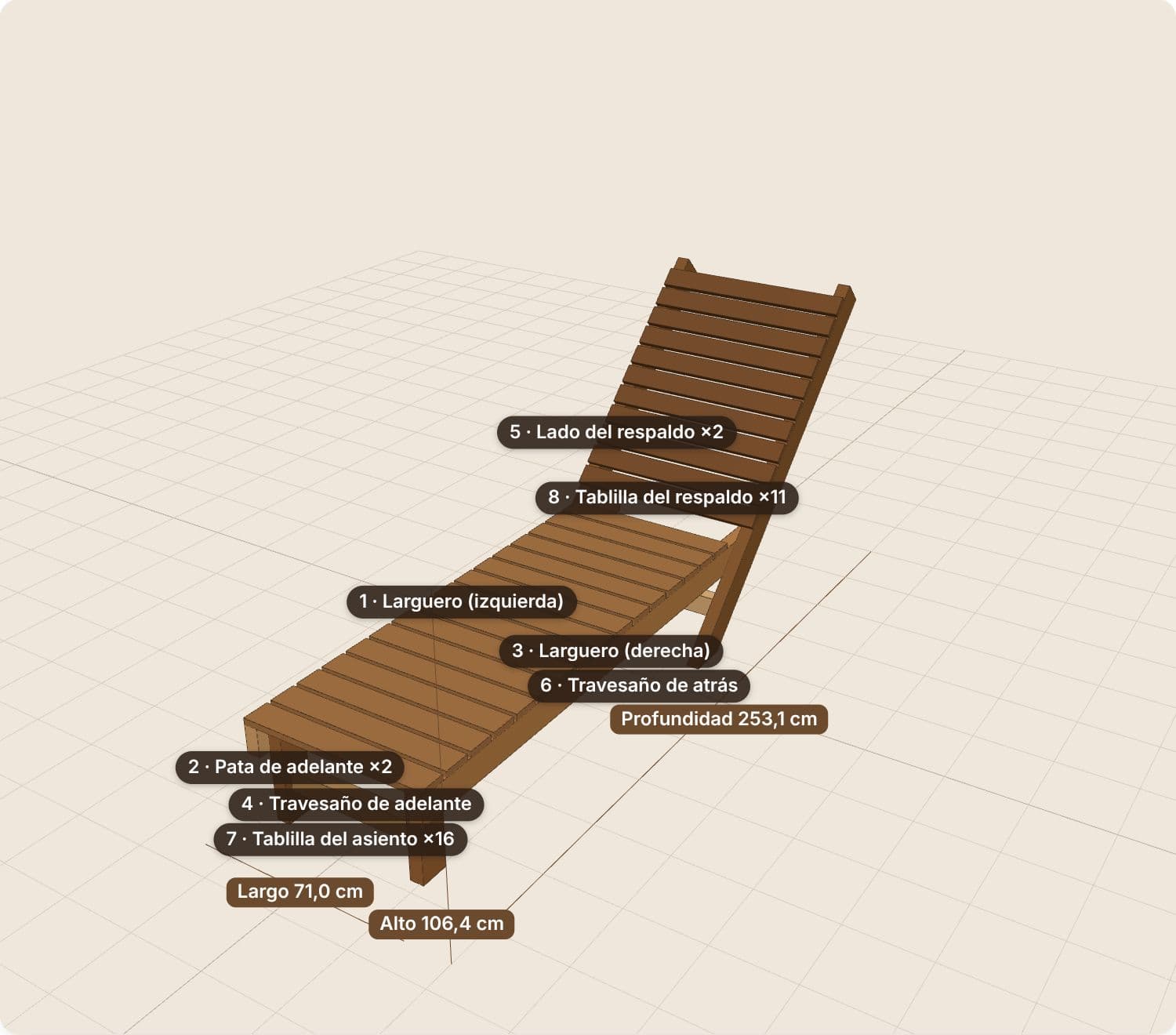 Reposera de jardín en 3D con el respaldo inclinado