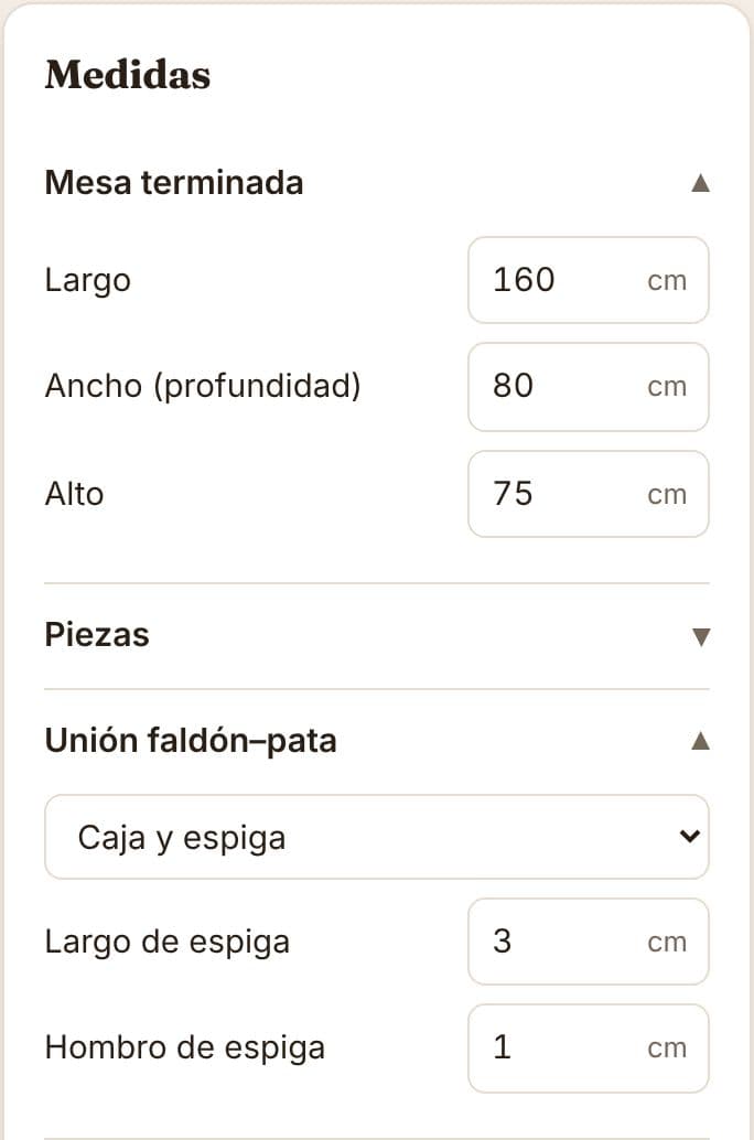 Las medidas de la mesa y el tipo de unión entre faldón y pata