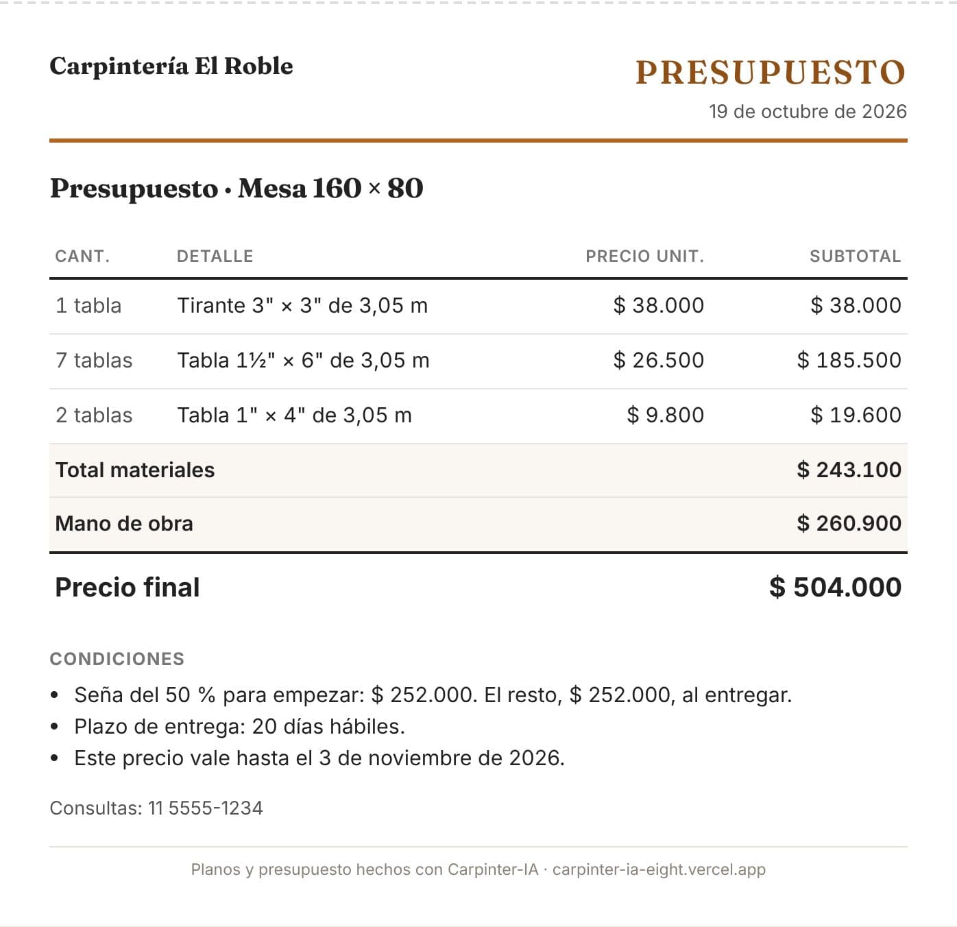 Presupuesto en PDF para el cliente con materiales, mano de obra y precio final