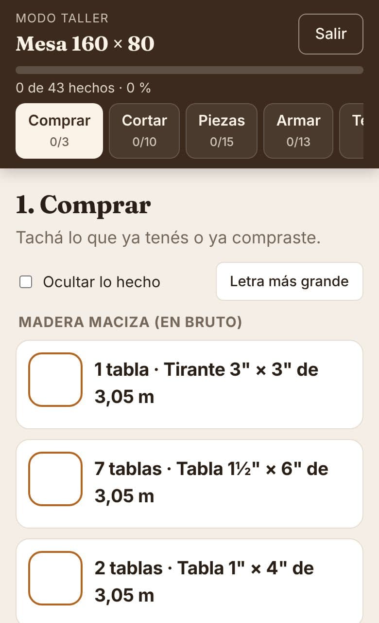 Modo taller en el celular: lista para tachar lo que ya se compró